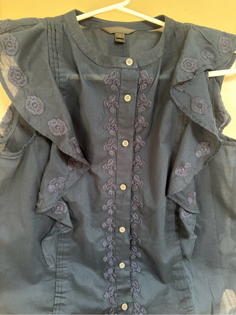 J. Crew Navy Embroidered Ruffle Button-Front Sleeveless 100% Cotton Blouse - Picture 2 of 7